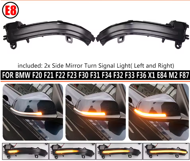 Luzes de seta dinâmicas em LED para retrovisores laterais, com sequências luminosas, compatíveis com BMW
